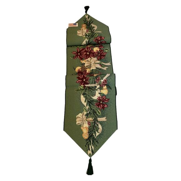 Poinsettia Christmas Table Runner Woven Tapestry Candles Bow Garland NWT 13x72" - Picture 10 of 10